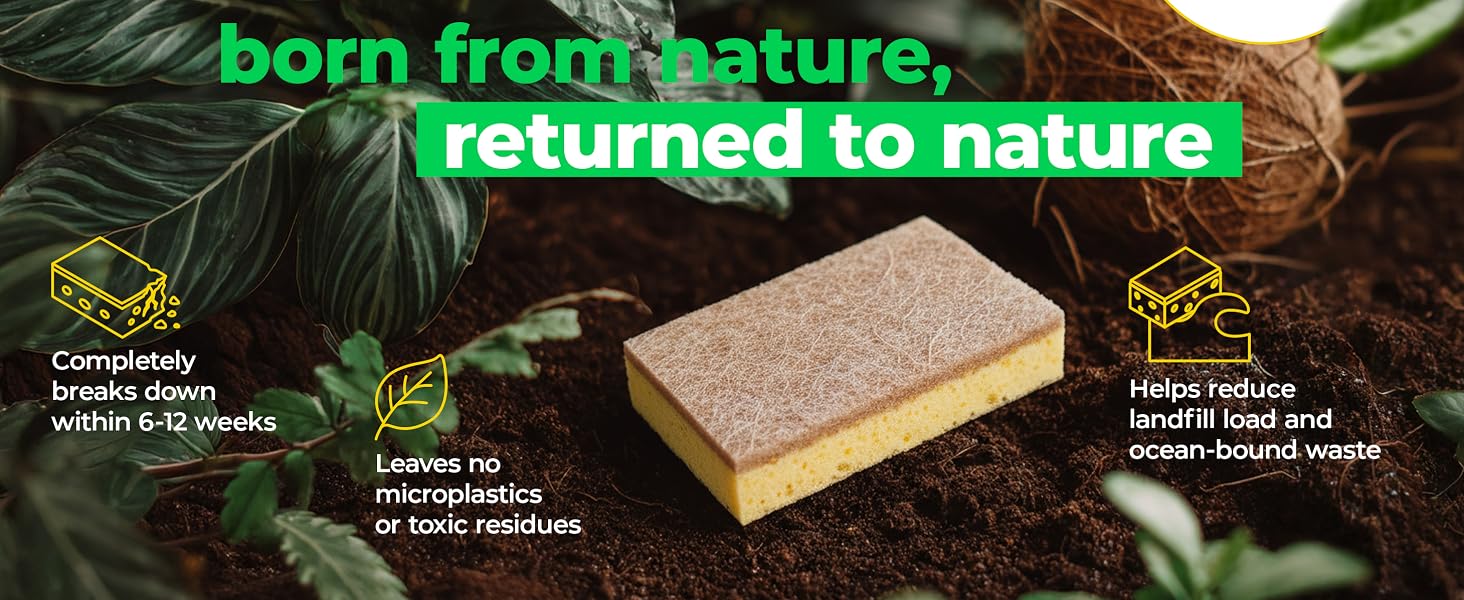 Text reads 'born from nature' and 'returned to nature'. Product photos showing eco-friendly packaging or materials in natural settings with green foliage.