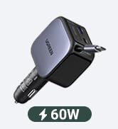 UGREEN 60W 2C1A Car Charger with Retractable Cable, 3-Port Fast Charger with 30W PD USB-C, USB-A,...
