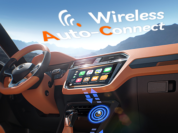 Text reads 'Wireless' and 'Auto Connect'. Car dashboard interface showing wireless connectivity features with illuminated blue icons and touch screen display.