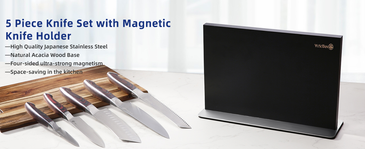 kitchen knife set with a wooden magnetic knife holder
