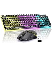 Gaming Wireless Keyboard and Mouse, Rechargeable RGB Backlit, Metal Panel, Mechanical Feel Anti-g...