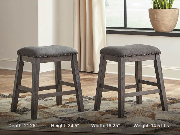 Dining room island paired with two solid acacia wood counter chairs in an antiqued gray wash
