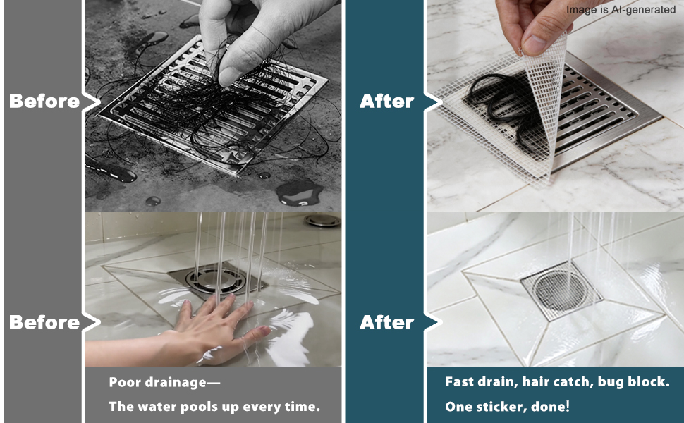 Text reads 'Before', 'After', 'Poor drainage—the water pools up every time', 'Fast drain, hair catch, bug block. One sticker. Done!' Split-screen showing drain cleaning: before with clogged drain, after with cleared drain grate.