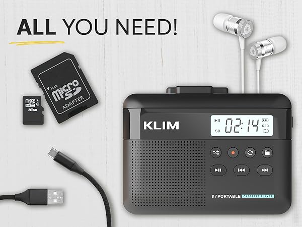 Text reads 'ALL YOU NEED!' Product layout showing KLIM digital device with LCD display, earbuds, and micro SD card components on light background.