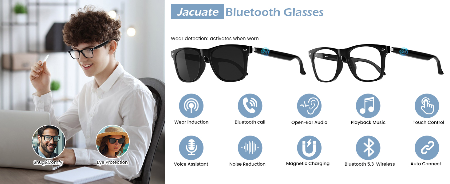 Bluetooth Audio Smart Glasses for Men ,Voice Control, Hands-Free Calls for Android Music/Work