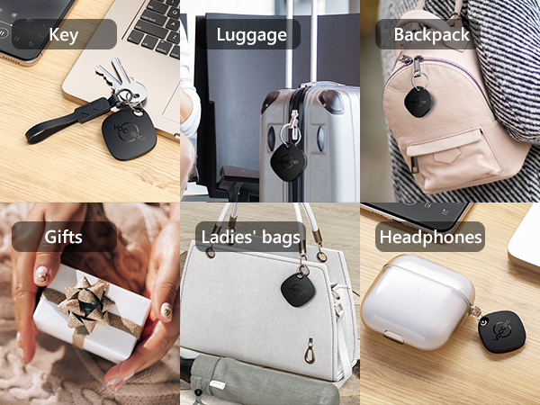 Product showcase grid displaying six categories: keys, luggage, backpack, gifts, ladies' bags, and headphones, each with corresponding item photos.