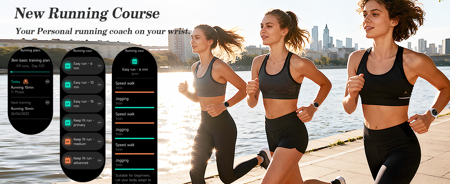 Text reads 'New Running Course'. Three mobile app screens showing workout interface with dark theme and teal accents. Beach running scene in background.