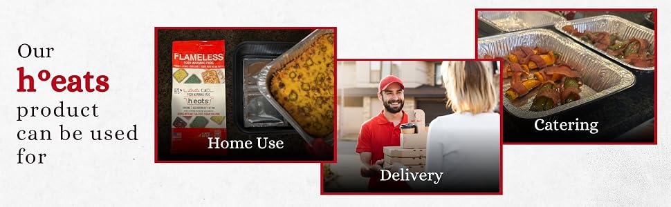 Images of home cooking delivery service and catering to show heats pad use cases