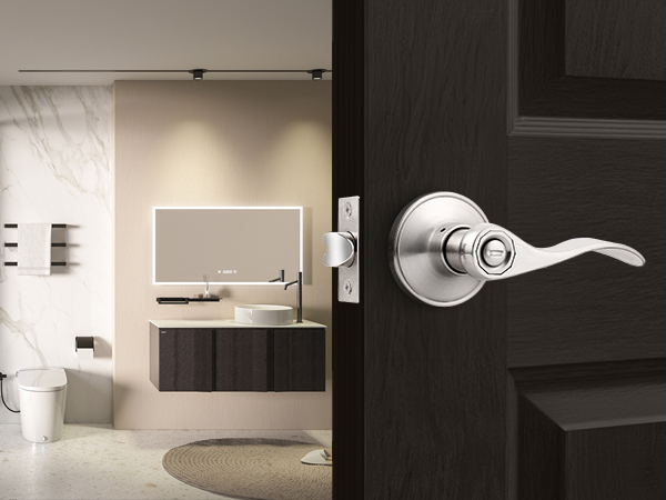 satin nickel privacy door lever for bathroom