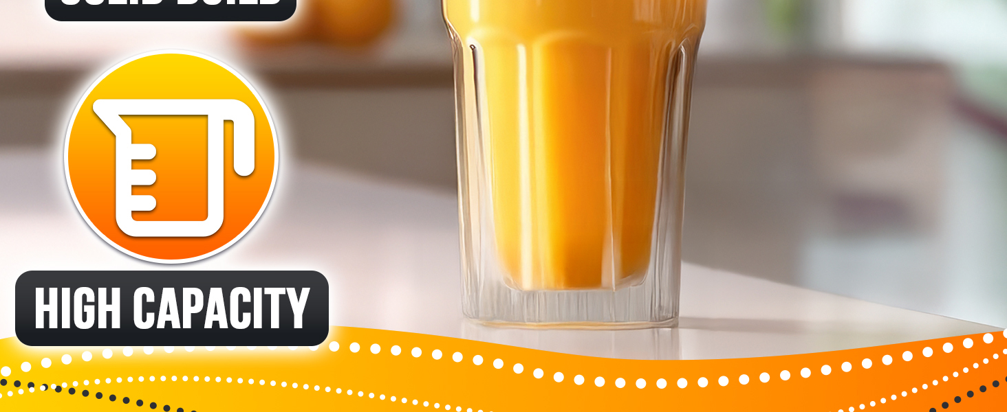 Manual juicer hand press shown with a glass of fresh orange juice highlighting high capacity use