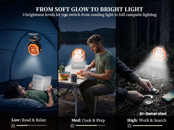 3 light modes on this fan for camping make reading and camp prep easy at night