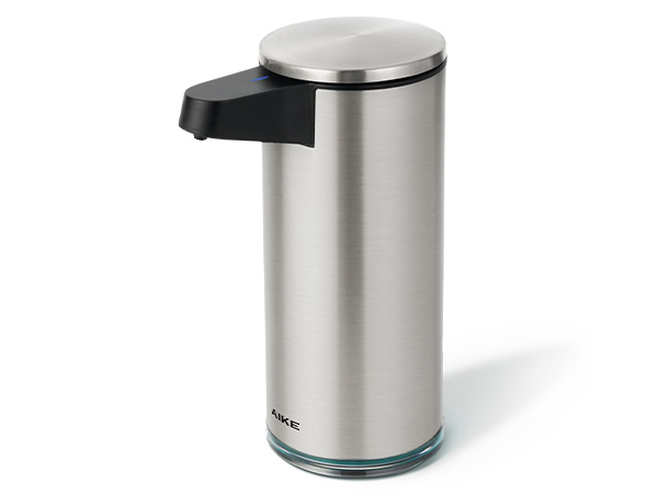 Stainless steel cylindrical container or dispenser shown from multiple angles, featuring brushed metal finish and compact design.