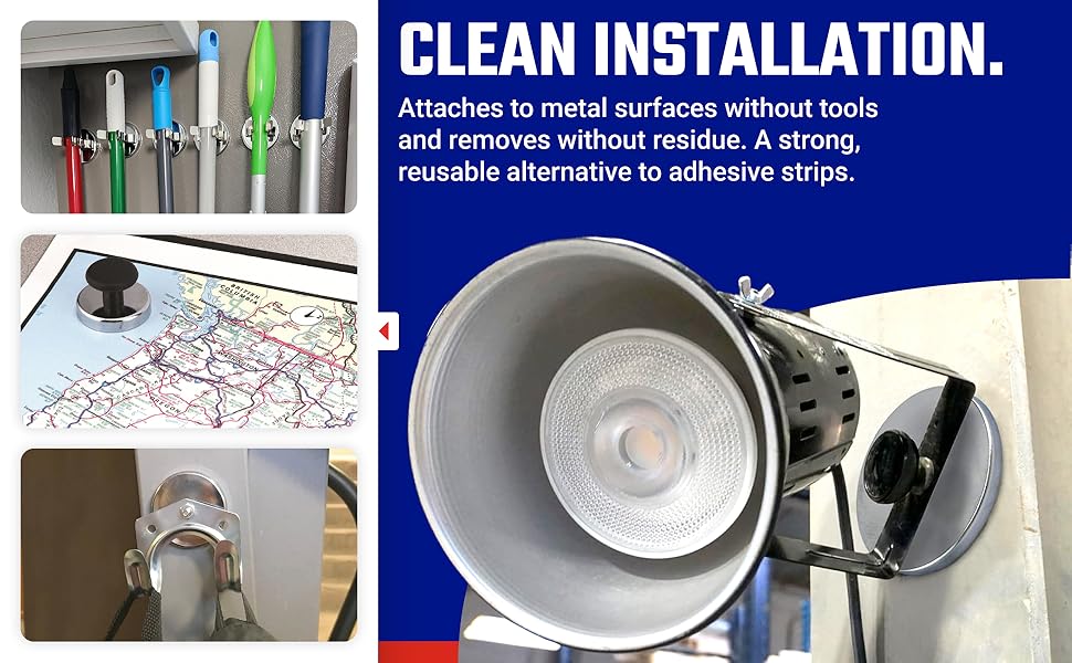 Image of magnet round bases in multiple instances with text reading clean installation.