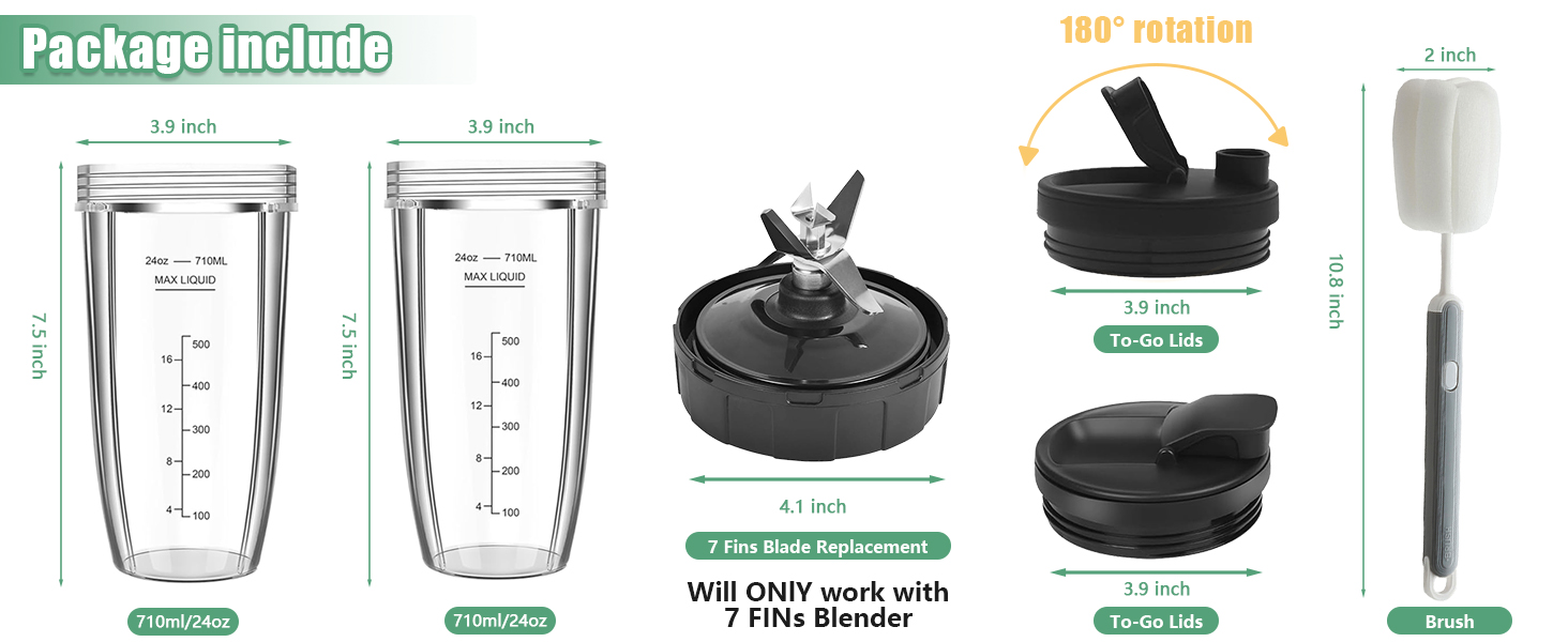 Blender Replacement Parts for Ninja, 24oz Ninja Blender Cups with To-Go Lids