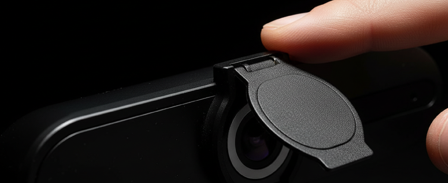A finger closes a black webcam privacy cover over a lens.