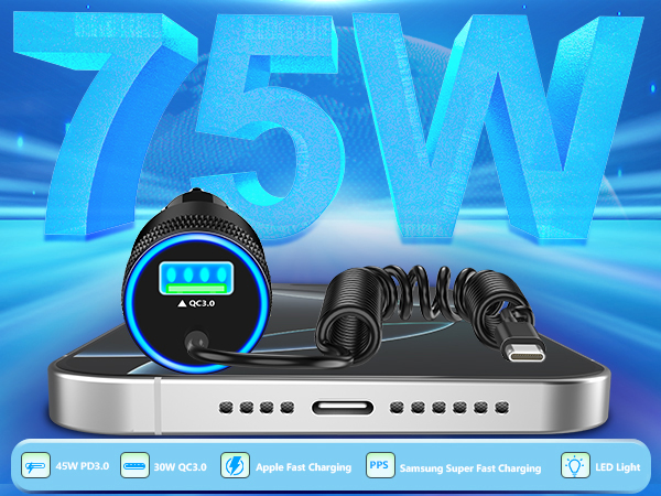Apple MFi Certified 75W USB C PD&amp;QC Car Power Cigarette Lighter iPhone 16 Car Charger Fast Charging