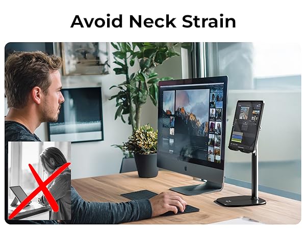 Ergonomic iPad desk mount and small monitor stand adjustable height helps avoid neck strain