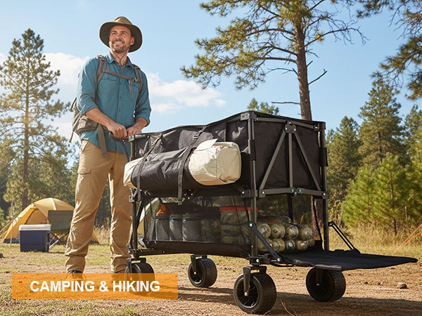 Heavy duty camping wagon for forest trips and hiking gear hauling with double decker storage