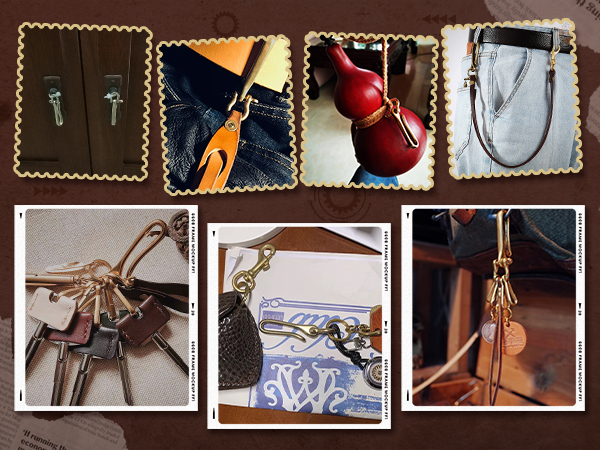 Collage of seven images showcasing various handbags and accessories. Includes close-ups of handles, clasps, and full bag views in different styles and colors.