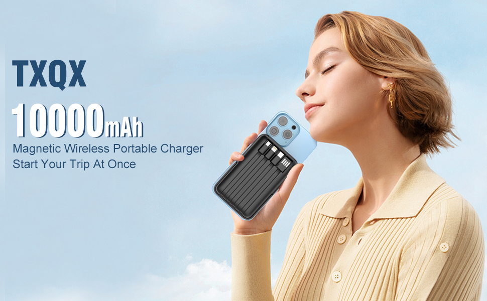 TXQX 10000mAh magnetic wireless portable charger with built-in cables