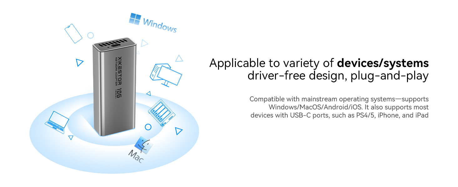 Text reads: 'Applicable to variety of devices/systems' 'driver-free design, plug and play'. Technical diagram showing device connectivity with blue circular elements.