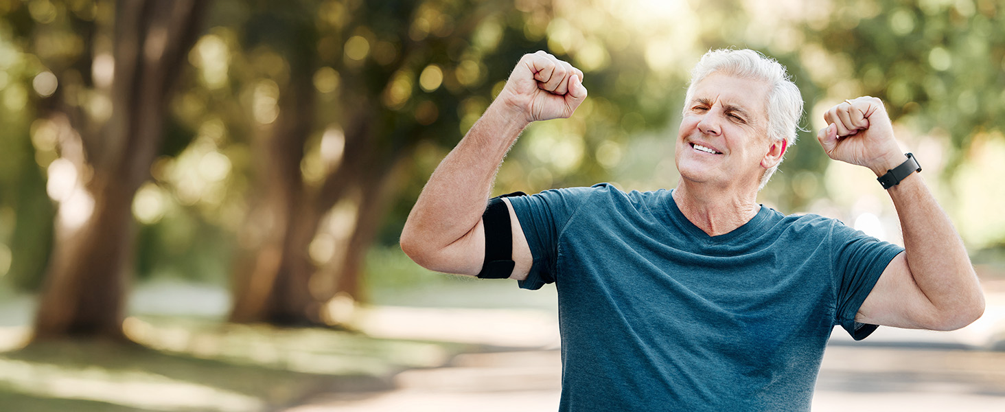 Three connected images showing senior figure exercising outdoors in a park setting with trees in the background.