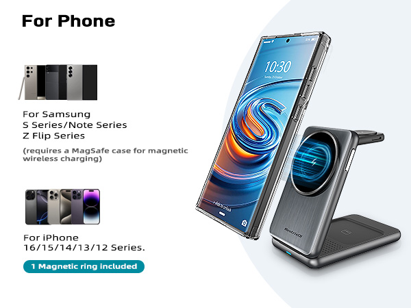 Wireless charging stand for smartphones. Foldable design with magnetic ring. Compatible with Samsung S/Note/Z Flip series and iPhone 16/15/14/13/12 series. Shows phone charging vertically.