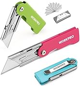 WORKPRO 3-Pack Folding Utility Knife Set, Quick Change Blade Box Cutter, Razor Knife with Belt Cl...