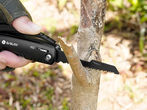 Black folding knife being used to cut into tree bark, with Byruuy branding visible on the handle.