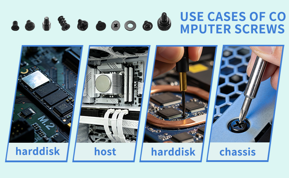 Versatile computer screws for hard drives, hosts, motherboards, and chassis assembly needs.