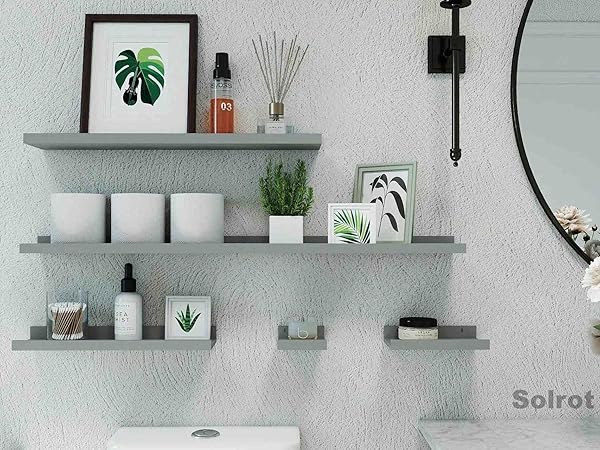 grey shelves in bathroom