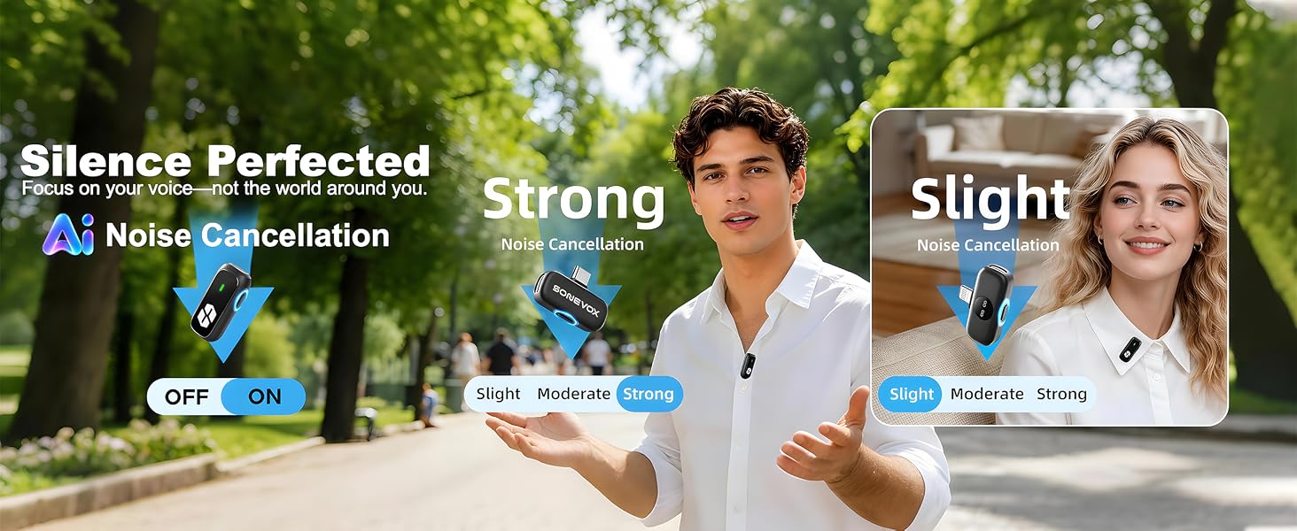 SONEVOX AirMic wireless lavalier mic with adjustable AI noise cancellation for clear voice