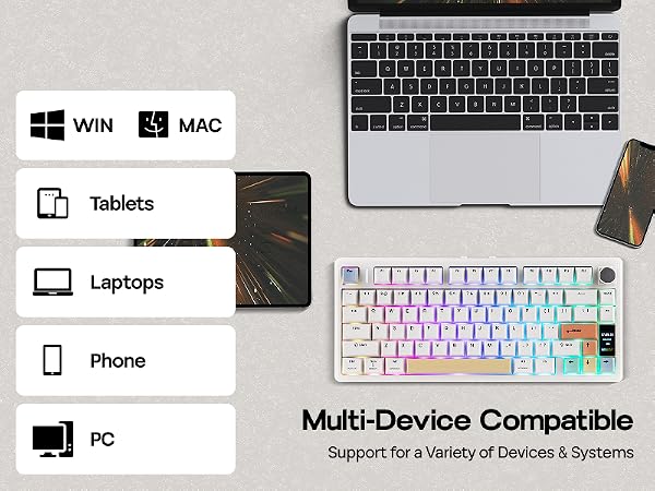 Text reads 'WIN MAC Tablets Laptops Phone PC Multi-Device Compatible Support for a variety of Devices &amp; Systems'. Product compatibility diagram showing various device icons and RGB keyboard.