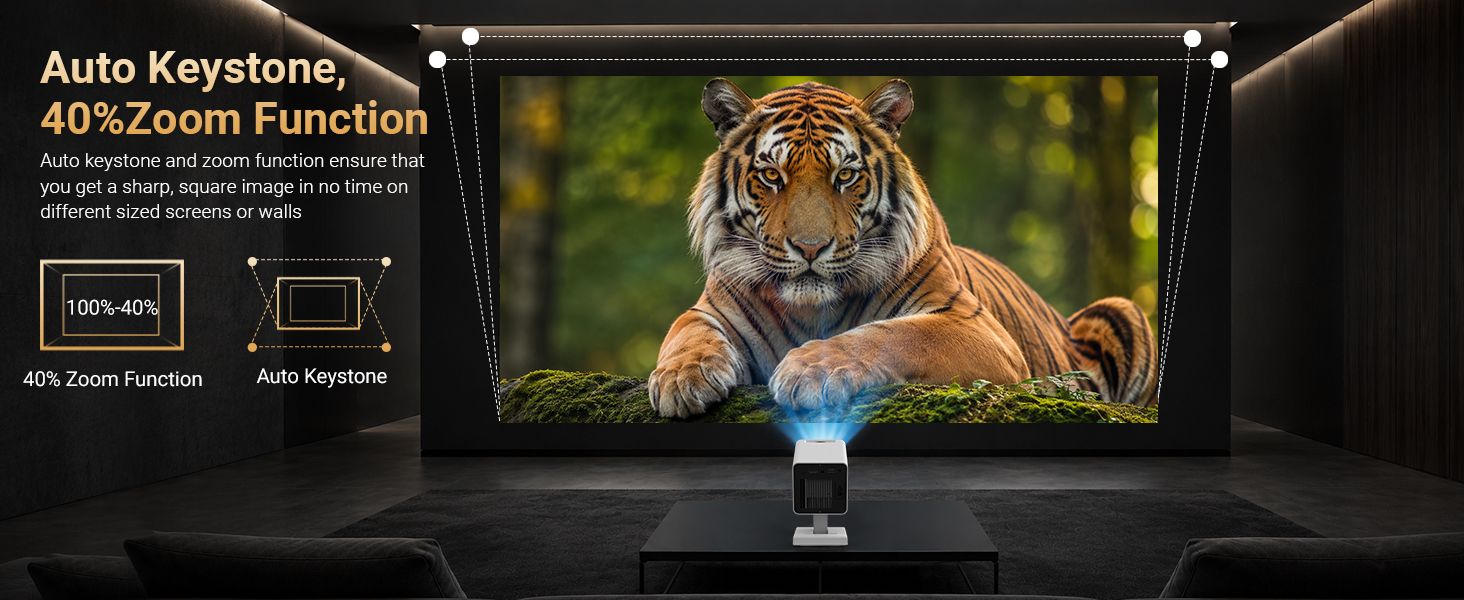 100%–40% Free Zoom, Auto Keystone Correction for Square Projection Images