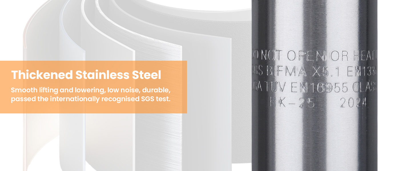 Close-up of stainless steel surface with embossed text. Orange label highlights 'Thickened Stainless Steel' feature.