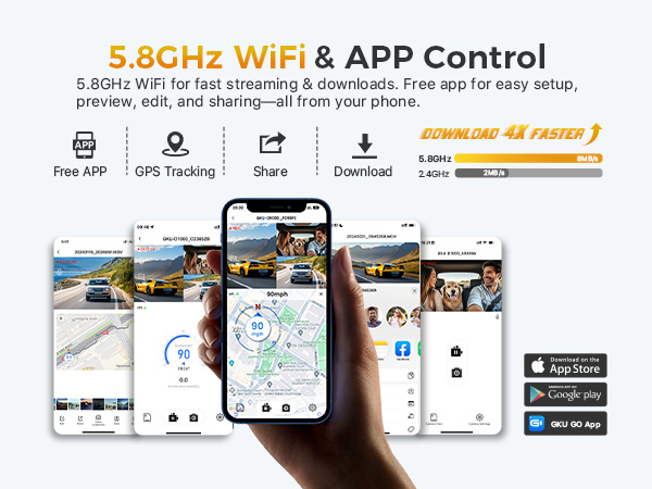 Smartphone app interface showing WiFi connectivity features at 5.8GHz, displaying multiple camera views and control options with app store badges.
