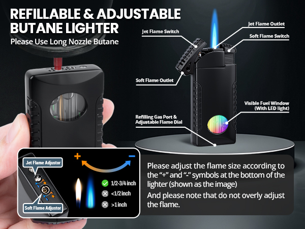 Cool Dual Flame Lighter, Refillable Butane Torch Lighter, Creative Jet/Soft Flame Pipe Lighters