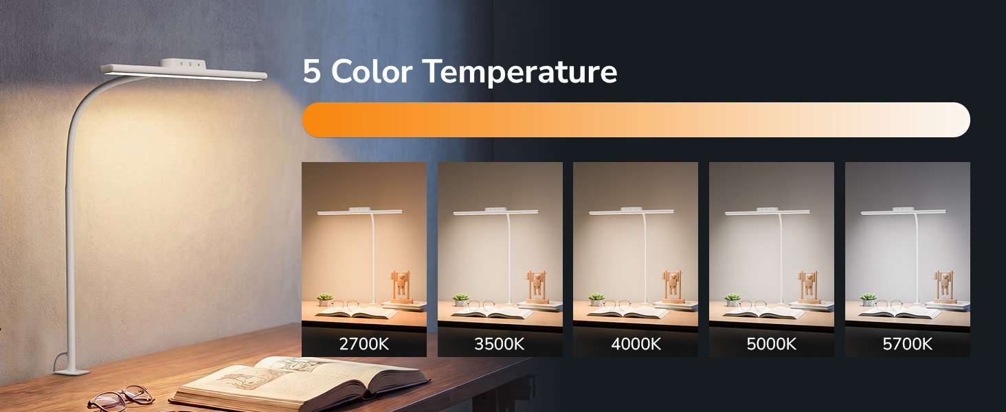 Text reads '5 Color Temperature'. Demonstration of lamp lighting showing 5 different color temperature settings from warm (2700K) to cool (5000K) white light.