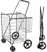 Folding Shopping Cart, Jumbo Grocery Cart with Double Baskets, 360° Swivel Wheels, Heavy Duty Uti...
