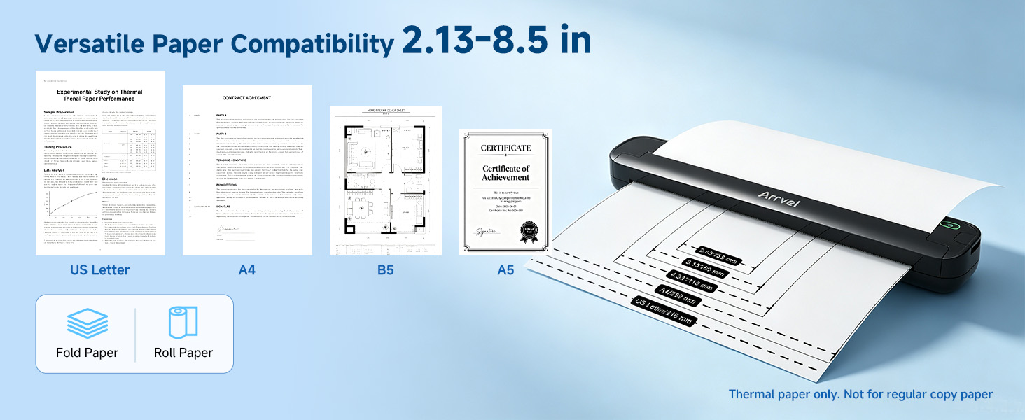 Inkless portable printer supports 2.13 to 8.5 inch thermal paper ( US Letter/ A4/ A5/ B5)