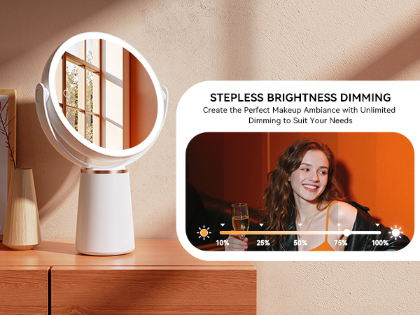 Dimmable vanity mirror, 10% to 100% light to customize perfect lighting for makeup application