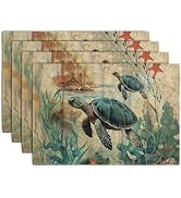 Wnoesat Sea Turtle Placemats Set of 4 Summer Beach Seasonal Linen Table Mats 12x18 Inch Vintage O...