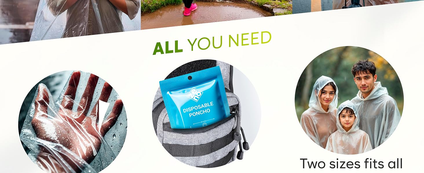Composite image showing wet hands, blue waterproof pouch, and family. Text reads 'ALL YOU NEED' and 'Two sizes fits all', suggesting a versatile waterproof storage solution.