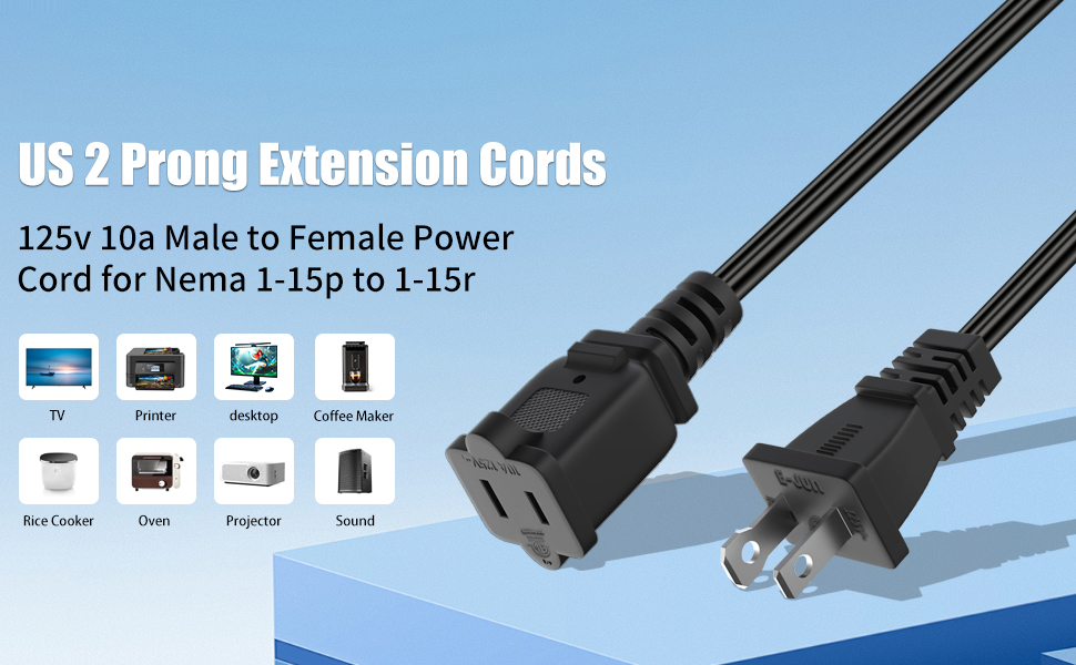 US 2-Prong Male-Female Extension Power Cord Cable
