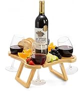 Kingrol Portable Wine Picnic Table - 12 x 12 Inch Square Bamboo Tray with 4 Glass Holders &amp; Irreg...