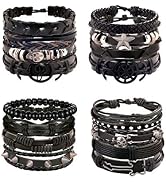 Florideco 16Pcs Black Skull Leather Bracelets Set for Mens Stackable Braided Cuff Bracelet Punk R...