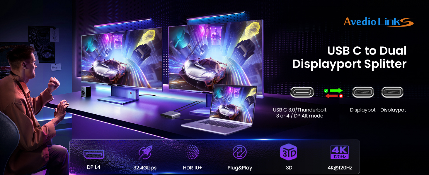 Displayport to Dual Displayport Splitter Adapter 4K@60Hz