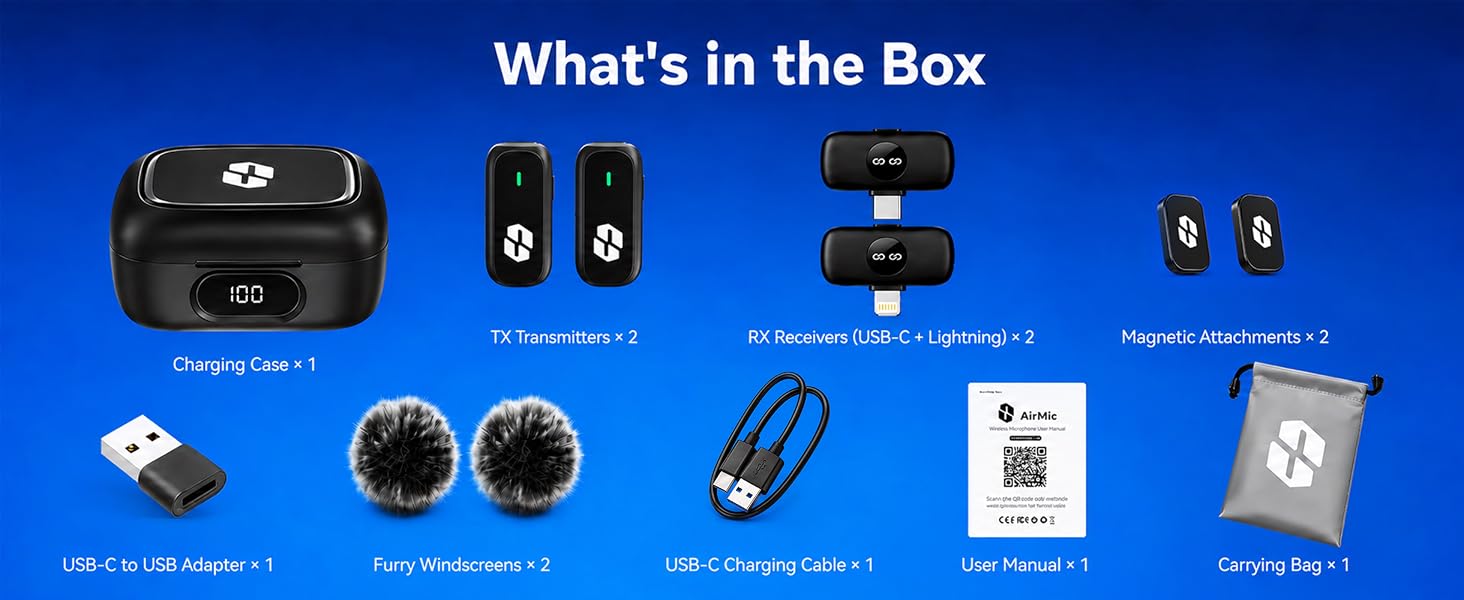 SONEVOX AirMic wireless microphone kit with dual mics, USB-C, Lightning and creator accessories