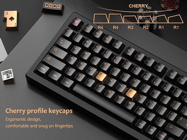 PBT Keycaps with Metal Paint Poker Theme,Black/Gold/Red Custom Keycap Set dye Sub Cherry Profile