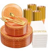 DaYammi 350PCS Clear Orange Plastic Dinnerware Set, Plastic Plates Disposable Hammered Disposable...